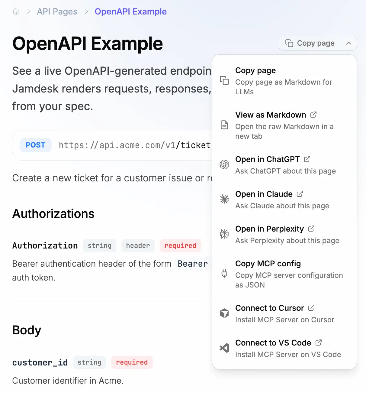 AI Actions dropdown showing Copy page, View as Markdown, Open in ChatGPT, Open in Claude, Open in Perplexity, Copy MCP config, Add to Cursor, and Add to VS Code options