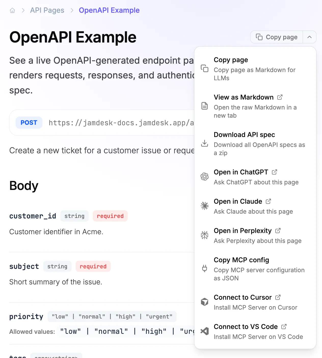 显示 Copy page、View as Markdown、Download API spec、Open in ChatGPT、Open in Claude、Open in Perplexity、Copy MCP config、Connect to Cursor 和 Connect to VS Code 选项的 AI Actions 下拉菜单