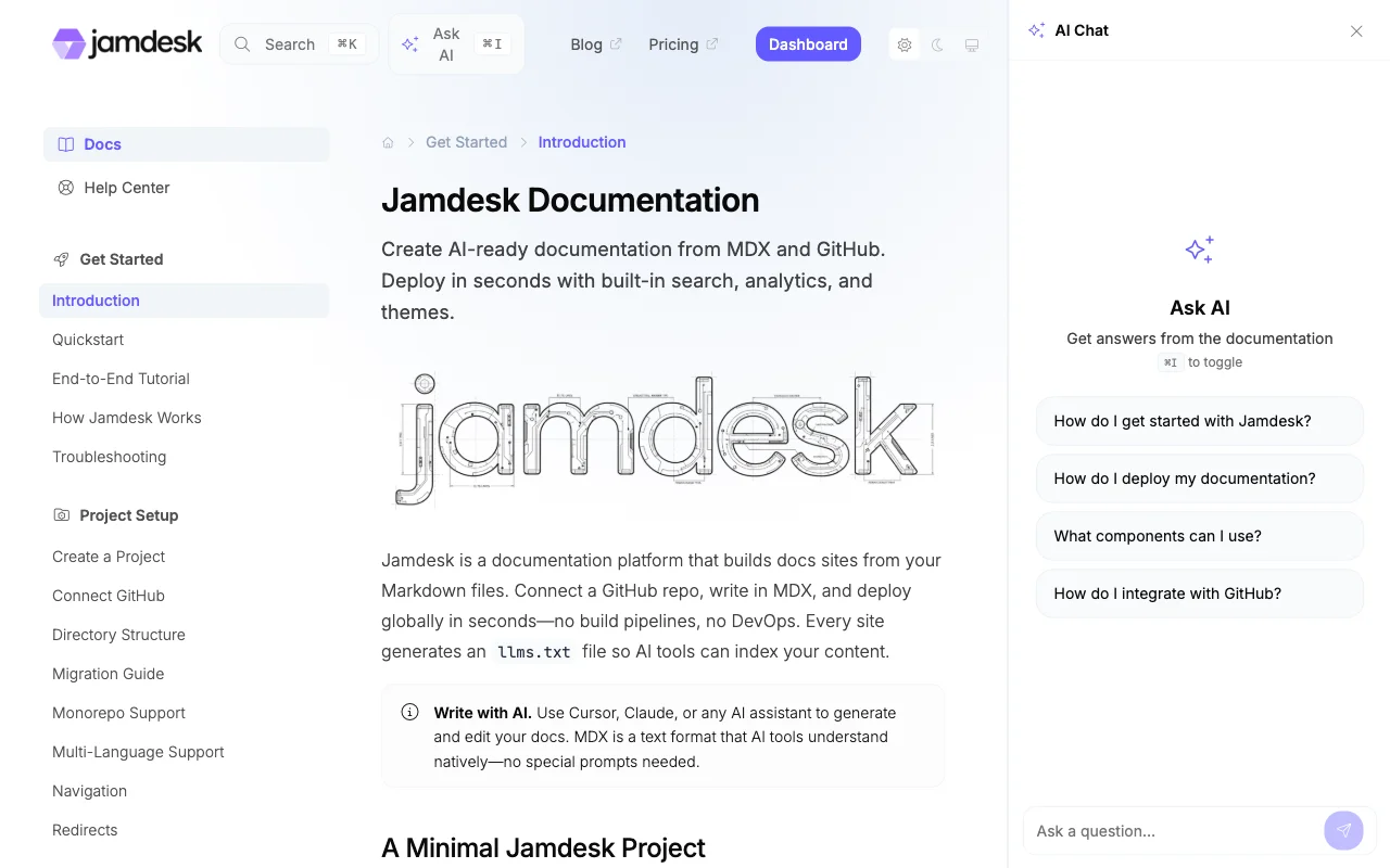 Chat panel empty state with starter questions