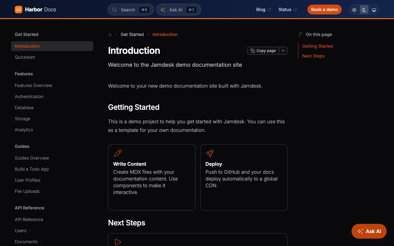 Dieselbe Dokumentationswebsite im dunklen Modus mit etwas dunklerem marineblauem Header und orangefarbener Ask-AI-Schaltfläche in der Ecke