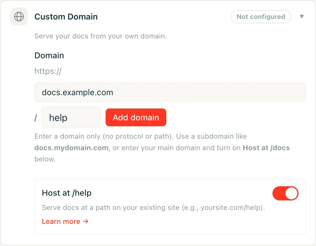 The Custom Domain card with docs.example.com entered, the subpath field set to help, and the Host at /help toggle switched on