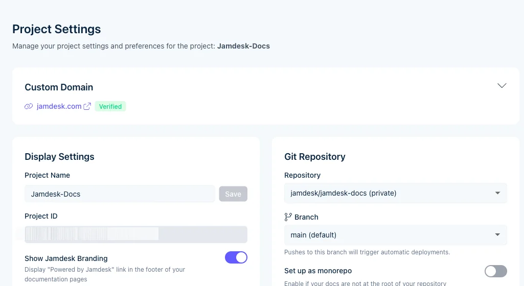 项目设置页面显示“Display Settings”(包含项目名称和 ID)以及 Git 仓库配置(包含分支选择和单体仓库切换开关)