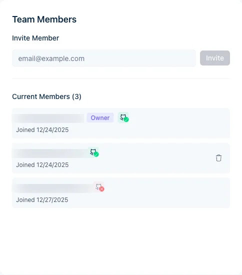 Team Members section showing invite form and current members list with roles and GitHub account status