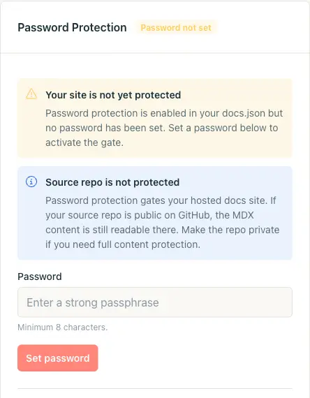 Cartão Password Protection mostrando o estado 'Password not set', um alerta de aviso e o botão Set password