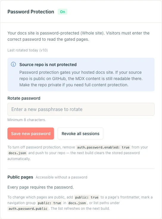 Karte „Password Protection“ im Status „On“ mit Formular zum Ändern des Passworts, Schaltfläche „Revoke all sessions“ und Anweisungen zum Deaktivieren