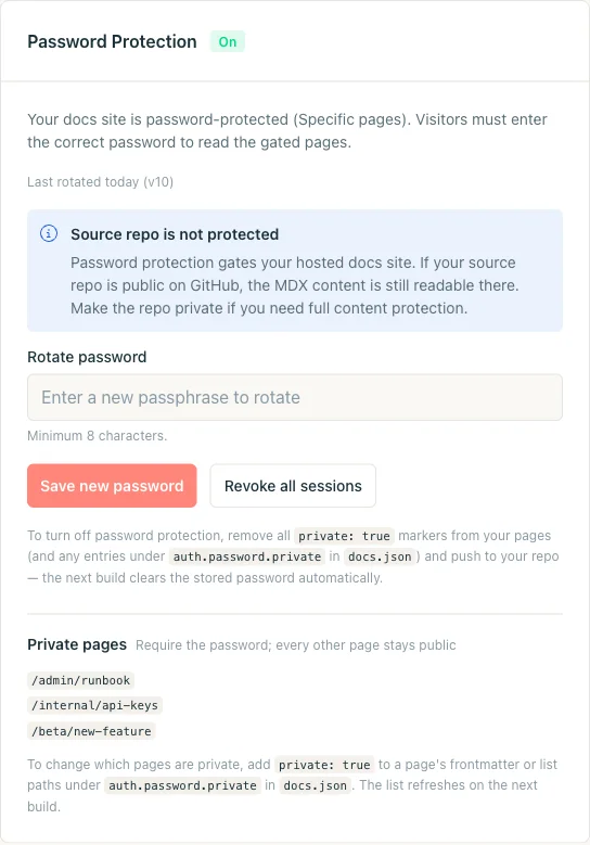 Karte „Password Protection“ im Modus für bestimmte Seiten mit drei aufgelisteten privaten Pfaden und aktualisierten Anweisungen zum Deaktivieren