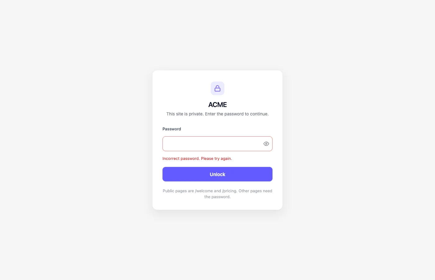 Entsperrbildschirm nach einem fehlgeschlagenen Versuch mit der roten Meldung „Incorrect password. Please try again.“