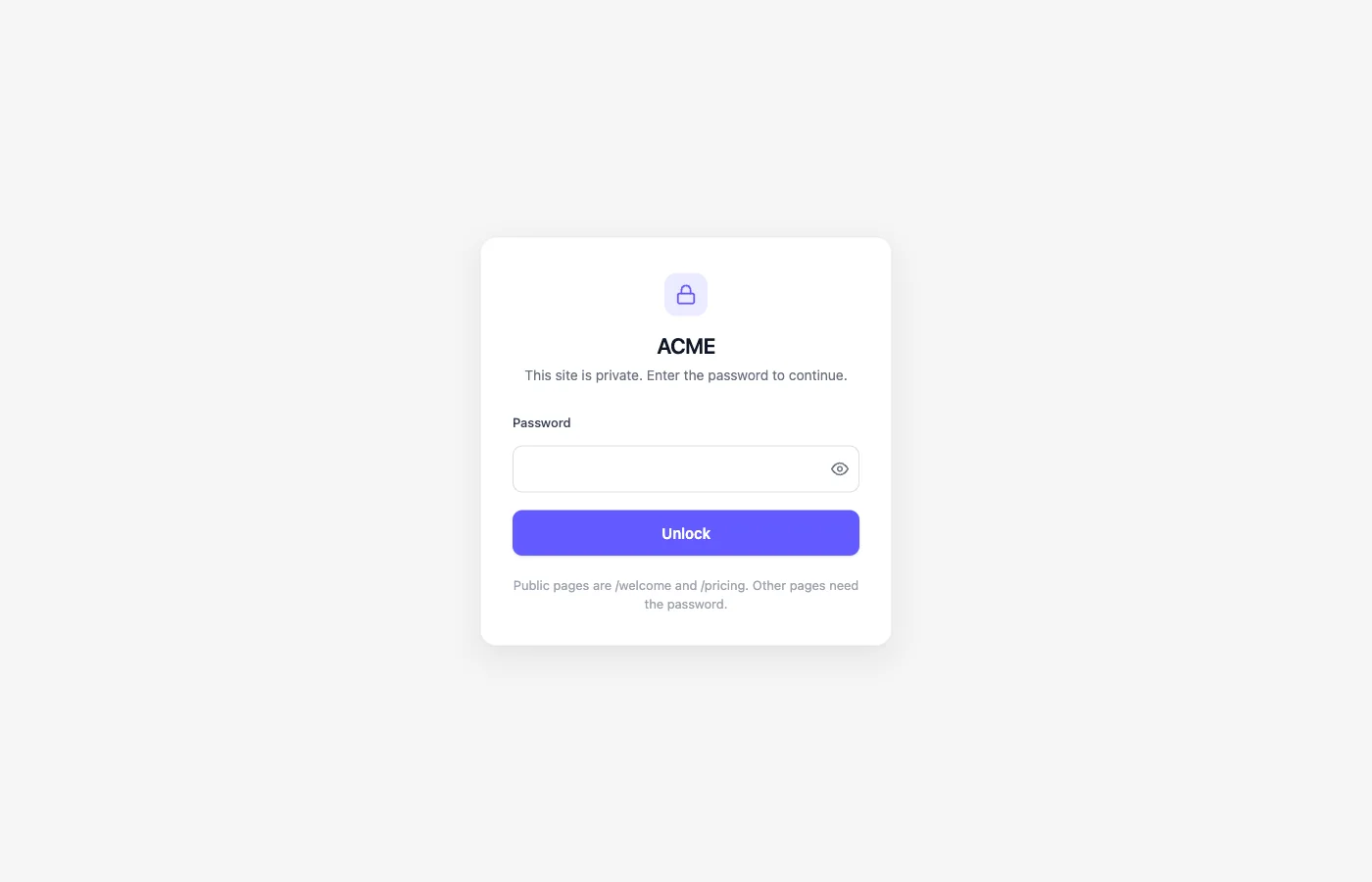 ACME-Entsperrbildschirm mit Website-Name, Schlosssymbol, Passwortfeld und Hinweistext darunter