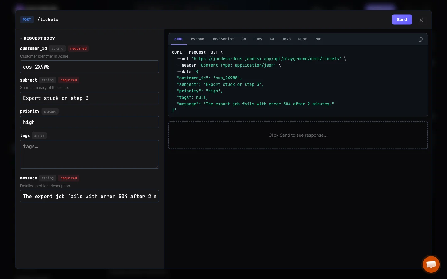 API-Playground-Modal mit Parameterformular links und Live-Codebeispielen rechts