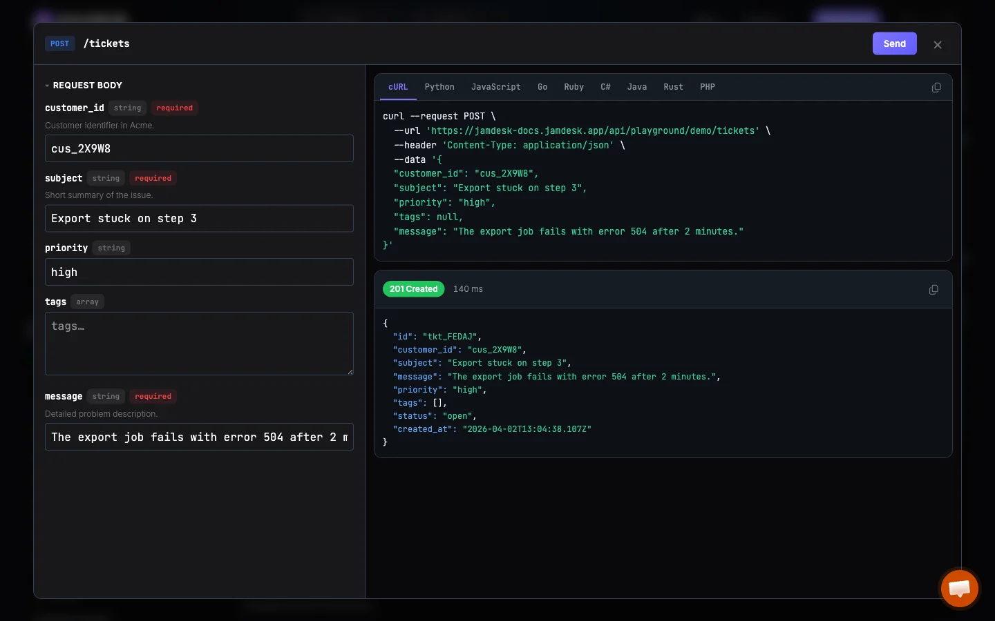 API-Playground mit einer Antwort 201 Created und JSON-Inhalt nach dem Senden einer Anfrage